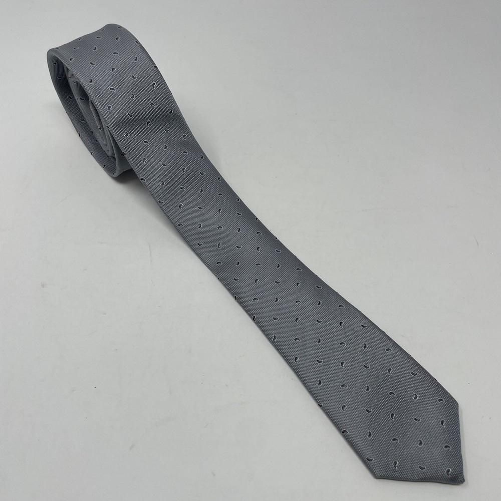 Zara Man Grey 100% Mulberry Silk Micro Paisley Pattern Classic Skinny Neck Tie